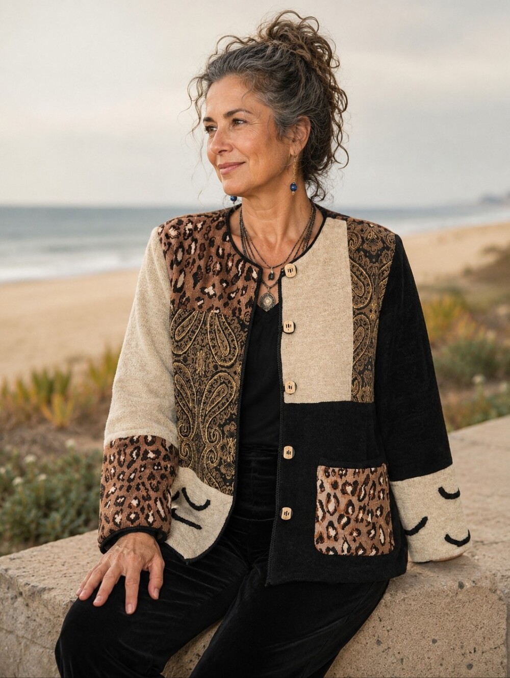 Vtg 1X Beige Animal Print Cardigan Tapestry Jacket Luxurious Unique Plus Exc